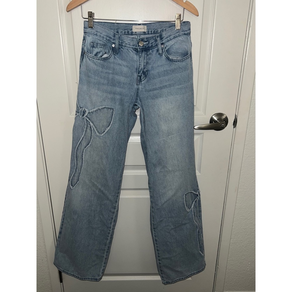 Whimsy Coquestte Girl Light Wash Wide Leg Jeans with Frayed Bow Applique Sz 24